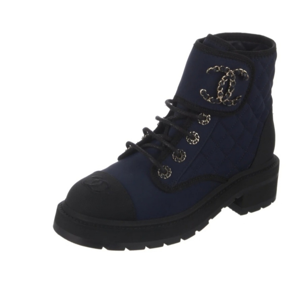 CHANEL Navy and Black Quilted Lace-Up Ankle Boot with Chain CC Accent